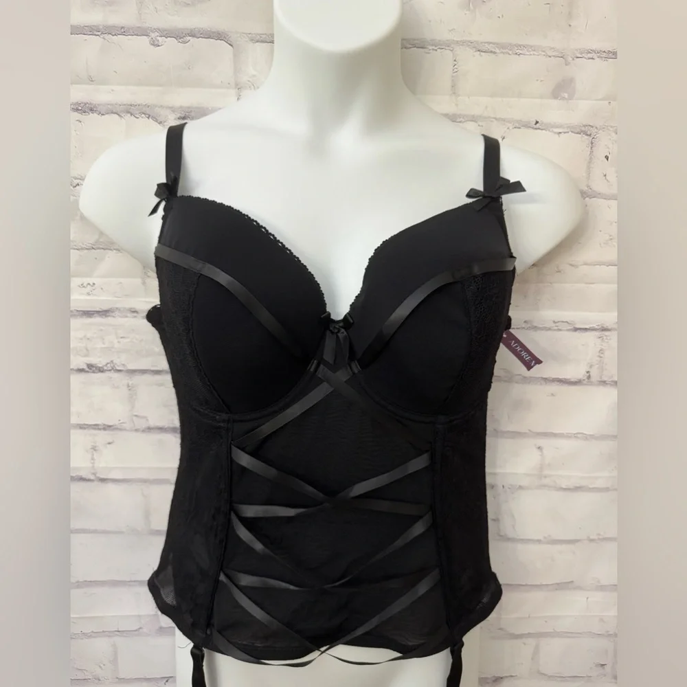 Adore Me Size 38DDD Bustier Lace Up Neglige Garters Black‎ Sexy Boudoir New